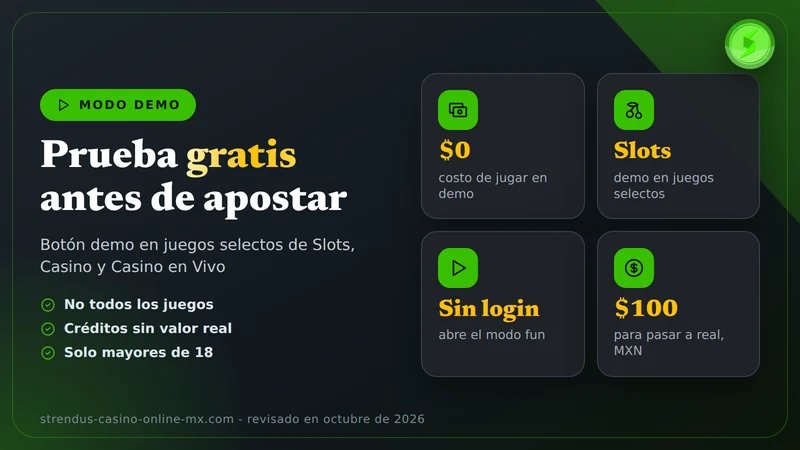 Tarjeta con los pasos para abrir un juego en modo demo de Strendus: elegir el juego, tocar demo y empezar sin depositar
